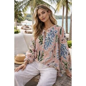 Lanhtropy Marrakech Gardens Linen Blouse XL Boho High Low Top